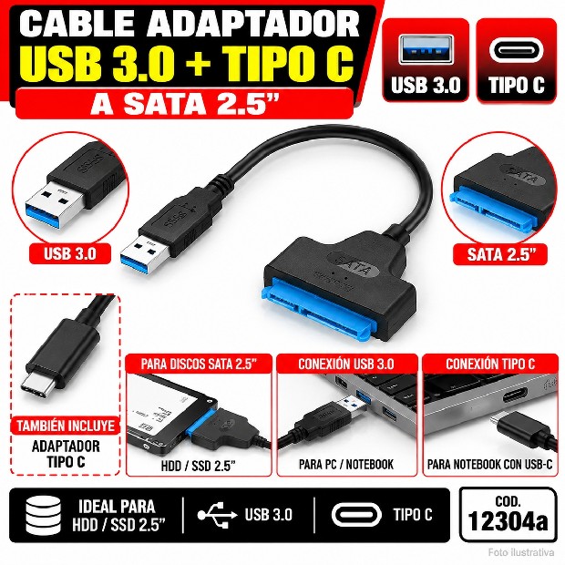 &ua CABLE ADAPTADOR USB 3.0 + TIPO C A SATA 2.5 (371)